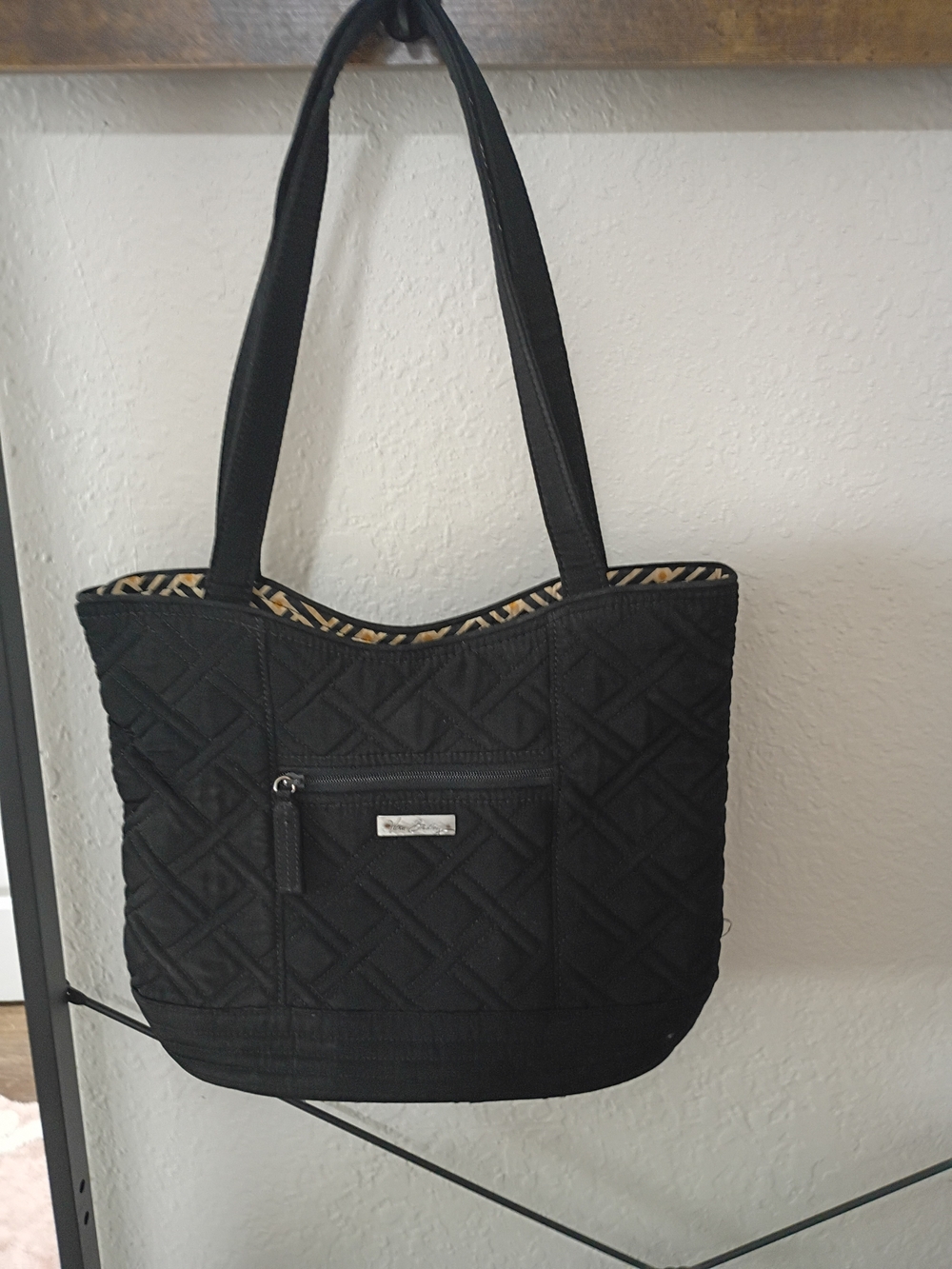 Vera Bradley Black Quilted Shoulder Tote with Patterned Trim LNC